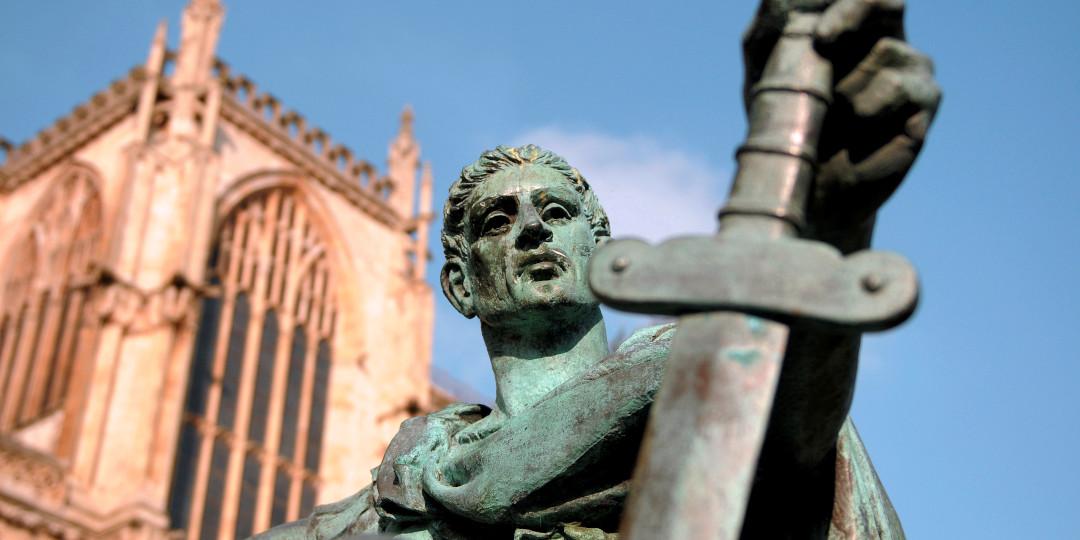 Statue of Roman Emperor Constantine outside York Minster cathedral in York, UK