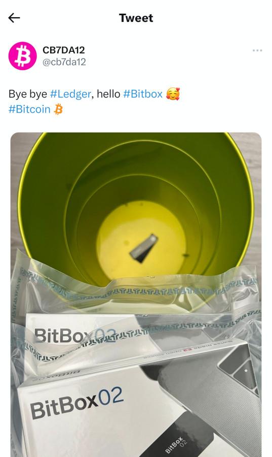 A tweet from a user showing a binned Ledger and two new BitBox02 wallets